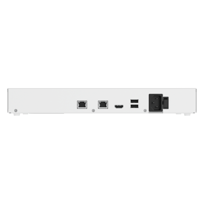 Parte traseira de dispositivo eletrónico branco com várias portas e entrada de alimentação