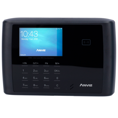 Dispositivo electrónico preto com ecrã colorido e teclado numérico com marca ANVIZ