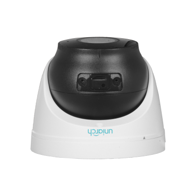 Câmara de vigilância dome branca e preta com texto azul invertido