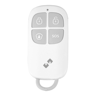 Comando remoto branco com quatro botões e texto SOS