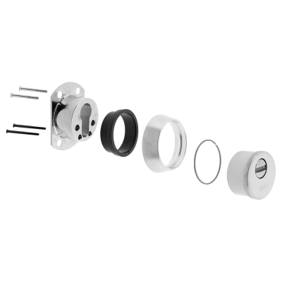 Componentes de fechadura desmontados sobre fundo branco