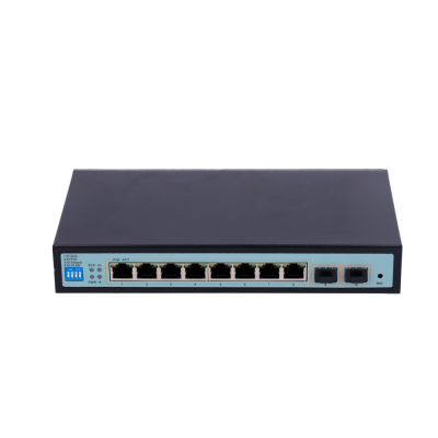 Comutador de rede preto com oito portas Ethernet e duas portas SFP
