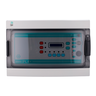 Painel de controlo eletrónico PL4+ com botões e indicadores em suporte plástico branco e tampa transparente
