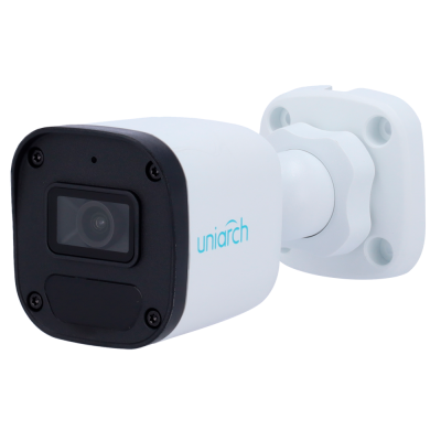 Câmara de vigilância branca e preta com lente visível e suporte de fixação