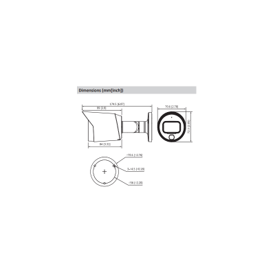 Diagrama técnico com dimensões de uma câmara de vigilância