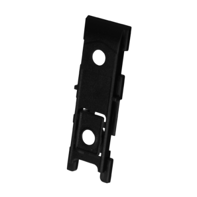 Clipe ou suporte de plástico preto com orifícios circulares