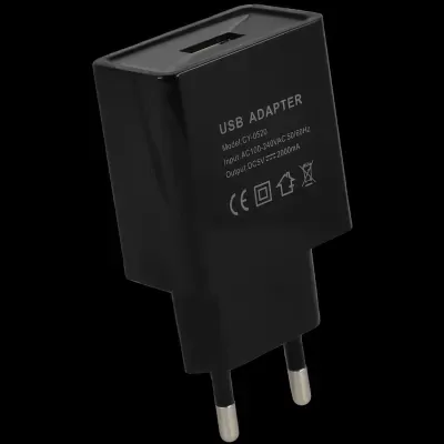 Carregador USB preto com ficha europeia e texto técnico