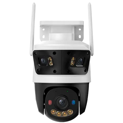 Câmara de segurança exterior branca e preta com múltiplas lentes e antenas.