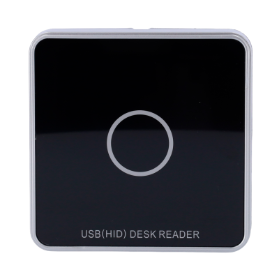 Leitor USB de mesa quadrado preto com círculo cinza centro