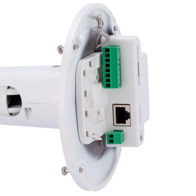 Dispositivo eletrónico branco com base metálica circular e conectores verdes