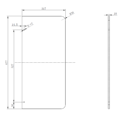 Desenho técnico de painel retangular com cantos arredondados e furos, mostrando dimensões em milímetros.