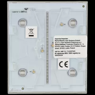 Componente eletrónico em plástico transparente com etiquetas adesivas e símbolos