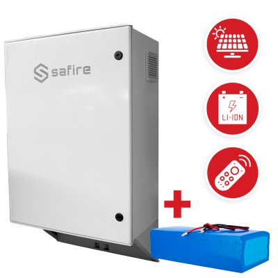 Equipamento elétrico branco com logotipo safire e bateria azul ao lado com ícones informativos
