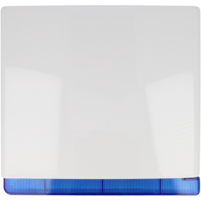 Alarme de caixa branca com base azul translúcida