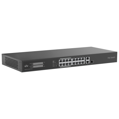 Switch PoE de rede com 16 portas Ethernet e duas portas SFP