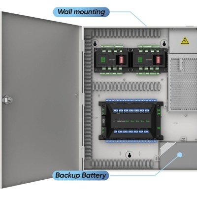 Painel elétrico metálico branco com componentes eletrónicos e bateria de backup