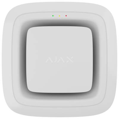 Dispositivo branco quadrado com LEDs coloridos e a palavra AJAX