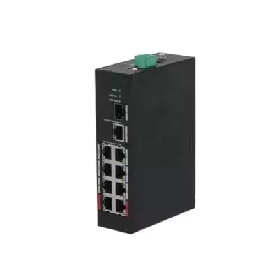 Interruptor de rede preto com múltiplas portas Ethernet e indicadores LED