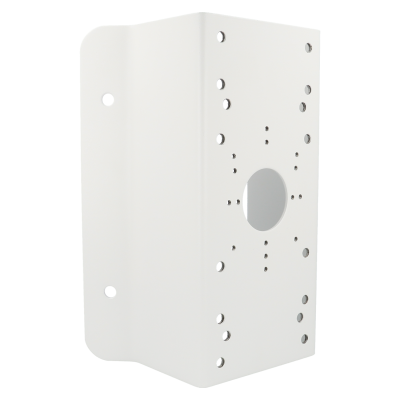 Suporte metálico branco com múltiplos orifícios e orifício circular no centro