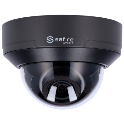 Câmara de segurança domo preta com lente visível e texto safire SMART