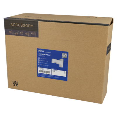 Embalagem castanha com etiqueta azul de suporte para câmara