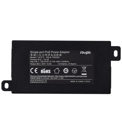 Adaptador de alimentação PoE preto Ruijie com texto branco e especificações técnicas