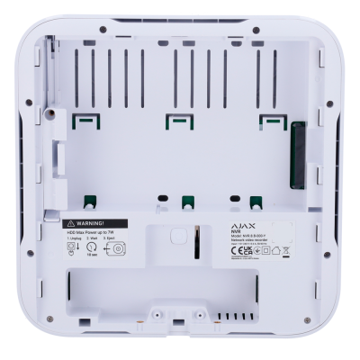 Parte traseira branca de caixa eletrónica quadrada para dispositivo AJAX com etiquetas e suportes internos