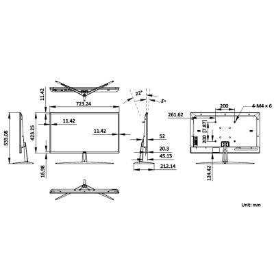 Desenho técnico de monitor com medidas em milímetros