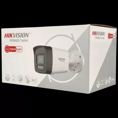 Embalagem de câmara de segurança Hikvision HiWatch Series branca e cinza com selo Smart Hybrid Light
