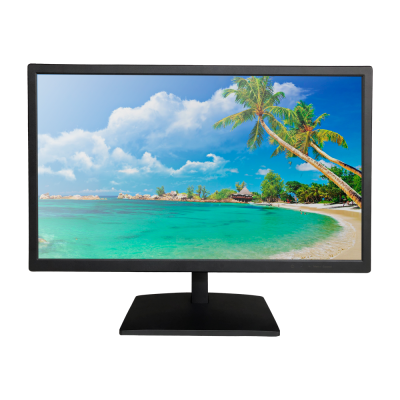 Monitor preto com imagem de praia tropical no ecrã