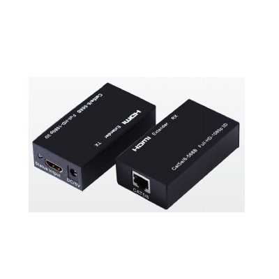 Dois dispositivos extensores HDMI pretos com portas HDMI e RJ45 e texto técnico branco