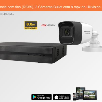 Sistema de videovigilância com 2 câmaras bullet brancas e gravador preto da Hikvision