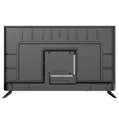 Televisão preta vista de traseira com suportes em V e ranhuras verticais