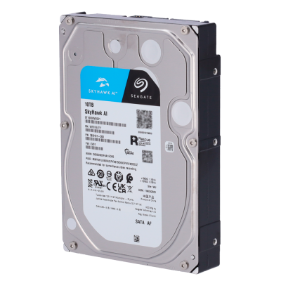 Disco rígido Seagate SkyHawk AI 10TB com etiqueta azul e branca