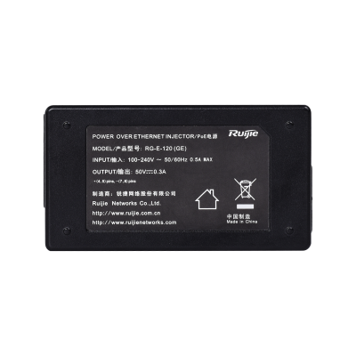 Injetor Power over Ethernet Ruijie RG-E-120 preto com etiquetas e instruções no verso