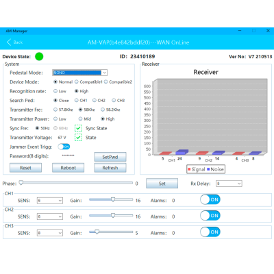 Interface de software AM Manager com gráficos e opções de configuração para dispositivo AM-VAP