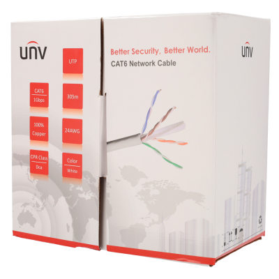 Caixa de cabo de rede CAT6 UTP UNV branca e vermelha com especificações técnicas impressas