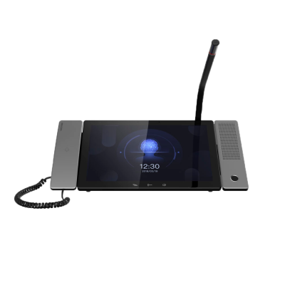 Telefone de secretária preto com ecrã tátil e microfone