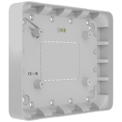 Caixa de montagem em plástico branco com bolha de nível e marcações CE e UKCA