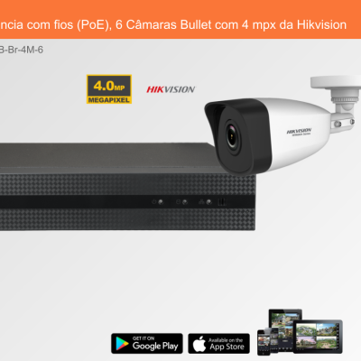 Sistema de videovigilância Hikvision com câmara bullet branca e dispositivo preto
