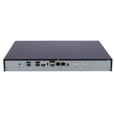 dispositivo eletrônico preto retangular com portas USB, HDMI, Ethernet e botões na parte traseira