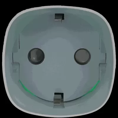 Tomada elétrica euro cinza com dois orifícios e detalhe verde formando sorriso