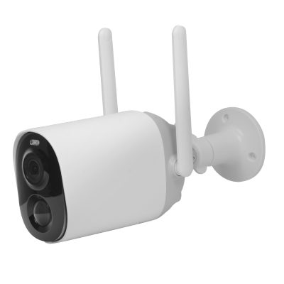 Câmara de vigilância sem fios branca com duas antenas e base para fixação