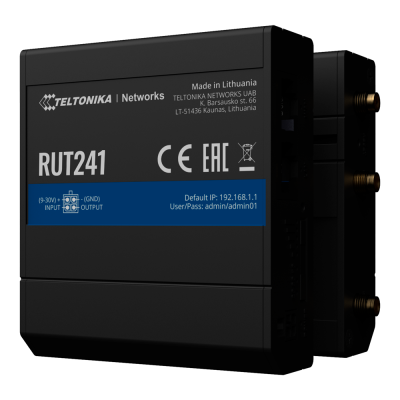 Dispositivo de rede preto Teltonika RUT241 com etiqueta azul e preta