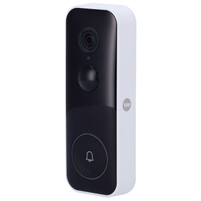 Videoporteiro inteligente branco e preto com botão de sino e lente de câmera
