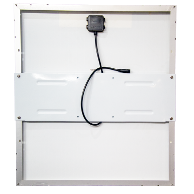 Painel solar visto de trás com moldura metálica e cabo preto