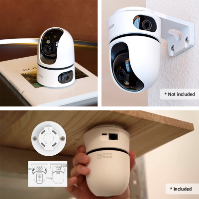 Câmera de segurança branca IMOU com lente preta e suporte de montagem em várias cenas.