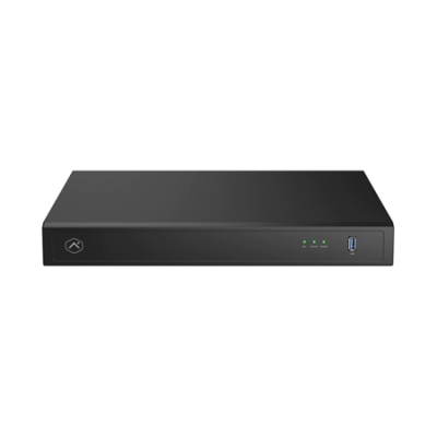 Aparelho eletrónico preto com indicadores luminosos verdes e porta USB