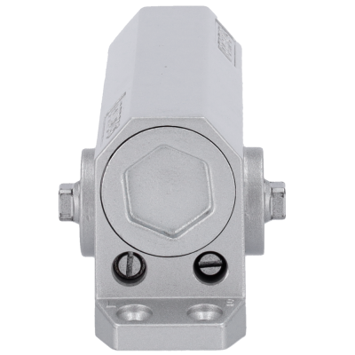 Produto metálico prateado com formato hexagonal e parafusos em fundo branco