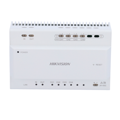 Equipamento Hikvision branco com botões e indicadores LED